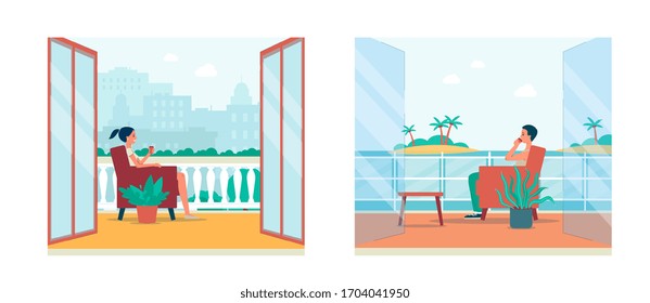 Cartoon People In Balcony Interior With City Landscape And Tropical Island View - Man And Woman Sitting On Chairs On Balconies With Open Doors - Flat Vector Illustration.