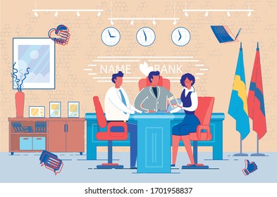 Cartoon People in Bank Sign Financial Contract. Real Estate Deal. Man Realtor and Buyer Discussion in Office. Woman Consulting Customer. Sell House, Buy New Appertment Vector Illustration