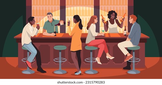 Cartoon people in bar interior. Pub patrons order alcoholic cocktails, professional bartenders serve visitors, mixing drinks, men and women talking and toasting with beverage tidy vector concept