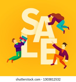 Cartoon people with big sale sign. Sale banner. Vector illustration