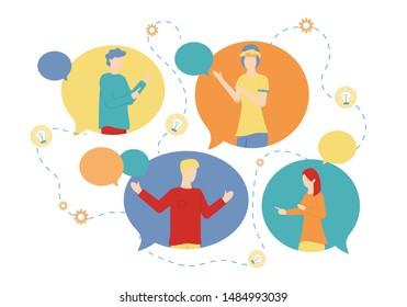 Cartoon People in Bubble Speech Symbol Vector Illustration. Man Woman Talking Concept. Group Conversation, Internet Message, Online Communication. Creative Idea Discussion, Teamwork Chat