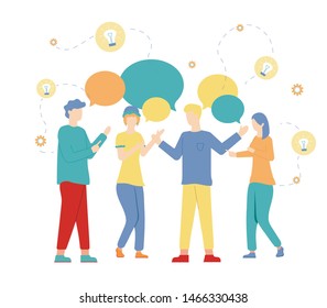 Cartoon People with Bubble Speech Vector Illustration. Standing Man Woman Group Talk. Internet Communication, Online Message, Chatting, Conversation. Friend Meeting, Work Team, Teamwork, Social Media