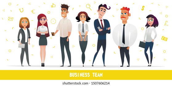 Cartoon People Business Team Characters in Flat Style Vector Illustration. Man Woman in Formal Clothes Standing. Businessman Businesswoman. Corporate Teamwork, Company Employee, Colleagues