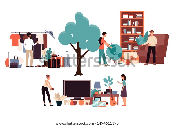 Cartoon People Buying Things Flea Market Stock Vector Royalty