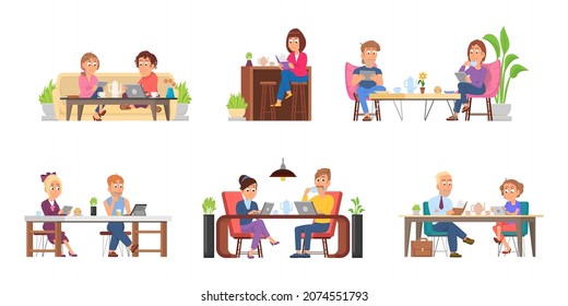 Cartoon people in cafe. Meeting in restaurant, girlfriend eat at table with friend. Drink time, office dinner. Business partners lunch decent vector scenes