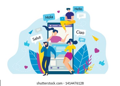 Pessoas de desenhos animados ligam para celular. Ilustração vetorial de saudação estrangeira. Frase de olá Salut Ciao Hola. Conversação internacional, aprendizado de idiomas, comunicação global. Smartphone Friend Talk