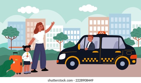 Los caricaturistas llaman taxi. Mamá y su hija votan al lado de la carretera. Pasajeros con equipaje. Servicio de transporte urbano. Cab order. Transporte familiar por carretera