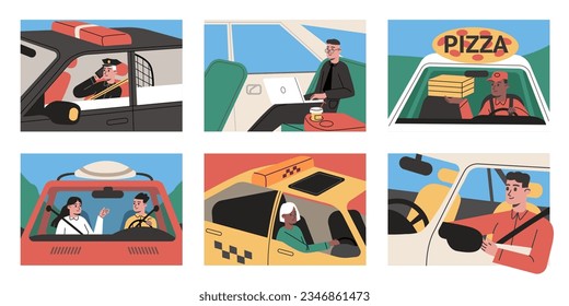 Caricaturas en el auto. Conductores y pasajeros en automóviles. Vehículos personales y de servicio. Entrega de pizza. Hombres o mujeres viajan cómodamente. Patrulla policial. Automático