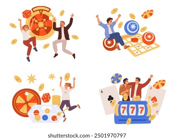 Cartoon people in casino. Happy customers happy to win. Gambling success. Men and women jumping for joy. Roulette bet. Lottery jackpot. Slot machine. Money prize winning