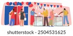 Cartoon People Casting Their Votes At A Polling Station. Image Captures The Democratic Process, Voter Engagement, And Civic Duty. Ballots Are Placed Into Transparent Boxes, With Patriotic Decorations