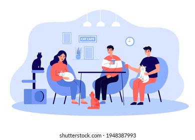 Cartoon people at cat cafe flat vector illustration. Scene with happy young couple and guy sitting at table, drinking lemonade, watching and fondling cute couching pets. Animal friendly, pets concept