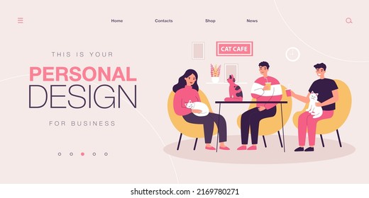 Cartoon people at cat cafe flat vector illustration. Scene with happy young couple and guy sitting at table, drinking lemonade, watching and fondling cute couching pets. Animal friendly, pets concept