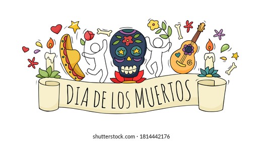 Cartoon people celebrate Day of the dead. Hand drawn banner design in a colorful style. Doodle vector illustration about mexican holiday.