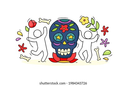 Cartoon people celebrate Day of the dead. Hand drawn banner design in a colorful style. Doodle vector illustration about mexican holiday.