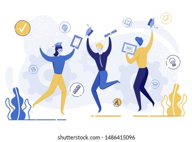 Cartoon People Celebrate Graduation. Girl With Diploma, Man Throwing Academic Graduate Cap. Learning Symbol Knowledge Sign. Woman Bachelor Degree, College, University Educational Certificate