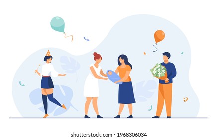 Cartoon people celebrating birth of newborn baby. Flat vector illustration. People with flowers, balloons, confetti, passing each other little baby boy. Newborn, birthday, party, celebration concept