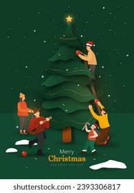 Cartoon people celebrating and decorating Christmas tree on green background, vector design