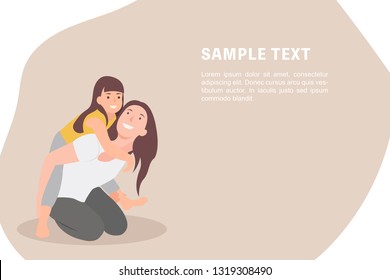 Cartoon people character design banner template mother and child having fun and giving piggyback. Ideal for both print and web design.