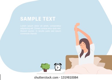 Cartoon people character design banner template woman stretching after sleep resting in bed in the lovely morning. Ideal for both print and web design.