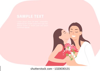 Cartoon people character design banner template happy mothers day child daughter kissing mom and giving her carnation flower as a present. Ideal for both print and web design.