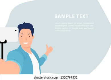 Cartoon people character design banner template handsome young man taking selfie photos with thumb up. Ideal for both print and web design.