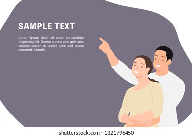 Cartoon people character design banner template cheerful husband embracing his wife and pointing at something. Ideal for both print and web design.