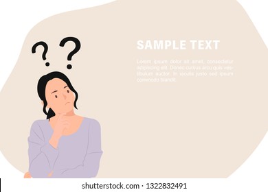 Cartoon People Character Design Banner Template Question Marks With Young Asian Woman In A Thoughtful Pose. Ideal For Both Print And Web Design.