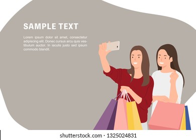 Cartoon people character design banner template female friends shopping and taking selfie photos happily. Ideal for both print and web design.