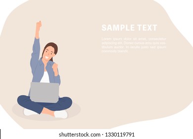 Cartoon people character design banner template cheerful young girl sitting on a floor with a laptop on the crossed legs. Ideal for both print and web design.