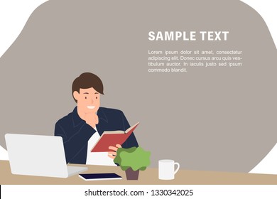 Cartoon people character design banner template young man reading a book while sitting by the desk. Ideal for both print and web design.