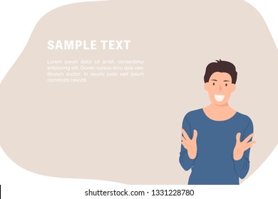 Cartoon people character design banner template young man talking happily. Ideal for both print and web design.