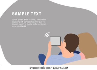 Cartoon people character design banner template couple watching tablet while sitting on the sofa. Ideal for both print and web design.