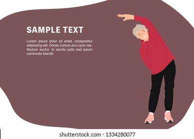 Cartoon people character design banner template senior old woman exercising stretching to one side. Ideal for both print and web design.