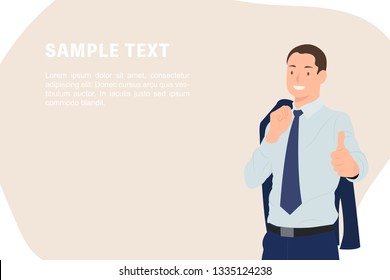 Cartoon people character design banner template handsome businessman with jacket cross over shoulder while showing thumbs up. Ideal for both print and web design.