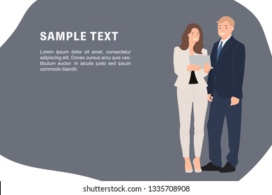 Cartoon people character design banner template businessman and businesswoman watching tablet and talking happily. Ideal for both print and web design.