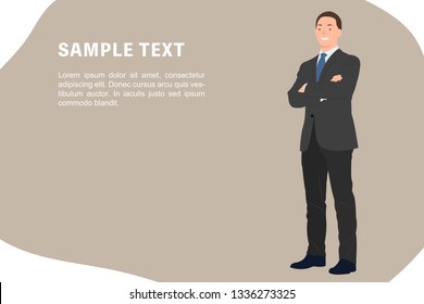 Cartoon people character design banner template businessman in dark gray suit while standing with smiling face and crossed arms. Ideal for both print and web design.