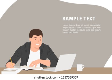 Cartoon people character design banner template student preparing exam and watching laptop searching for information. Ideal for both print and web design.