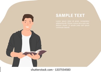 Cartoon people character design banner template handsome guy reading book with smiling face. Ideal for both print and web design.