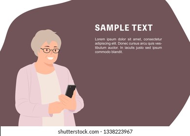 Cartoon people character design banner template elderly senior woman looking at cell phone happily. Ideal for both print and web design.