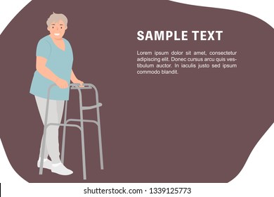 Cartoon people character design banner template elderly woman with walking frame doing rehabilitation. Ideal for both print and web design.