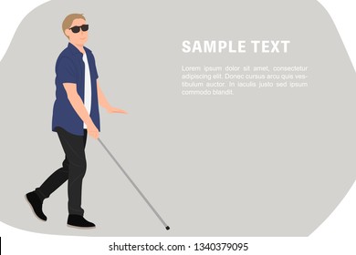 Cartoon people character design banner template blind young man walk with a walking cane. Ideal for both print and web design.