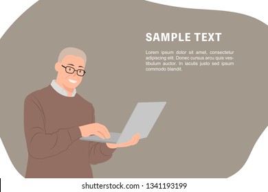 Cartoon people character design banner template smiling senior man holding laptop computer. Ideal for both print and web design.