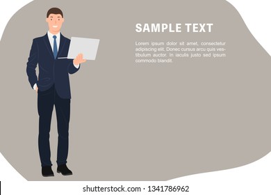 Cartoon people character design banner template young businessman holding a laptop in a suit. Ideal for both print and web design.