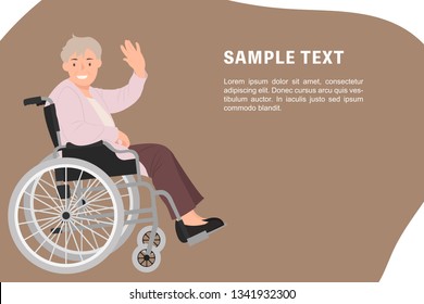 Cartoon people character design banner template senior woman in a wheelchair waving hand with a smiling face. Ideal for both print and web design.