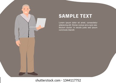 Cartoon people character design banner template senior man standing and holding a laptop with smiling face. Ideal for both print and web design.