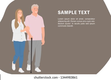 Cartoon people character design banner template young daughter holding elderly father's arm walking together happily. Ideal for both print and web design.