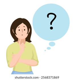 Cartoon people character design banner template question marks with young Asian woman in a thoughtful pose