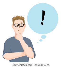 Cartoon people character design banner template exclamation marks with young white man in a thoughtful pose