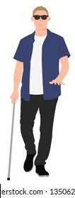 Cartoon people character design blind young man walk with a walking cane. Ideal for both print and web design.