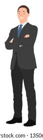 Cartoon people character design businessman in dark gray suit while standing with smiling face and crossed arms. Ideal for both print and web design.